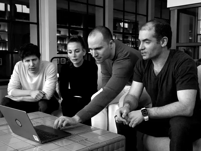 Sam Altman, left, C.E.O.; Mira Murati, C.T.O.; Greg Brockman, president; and Ilya Sutskever, chief scientist, in San Francisco, on March 13, 2023 [Credit: Jim Wilson, NY Times